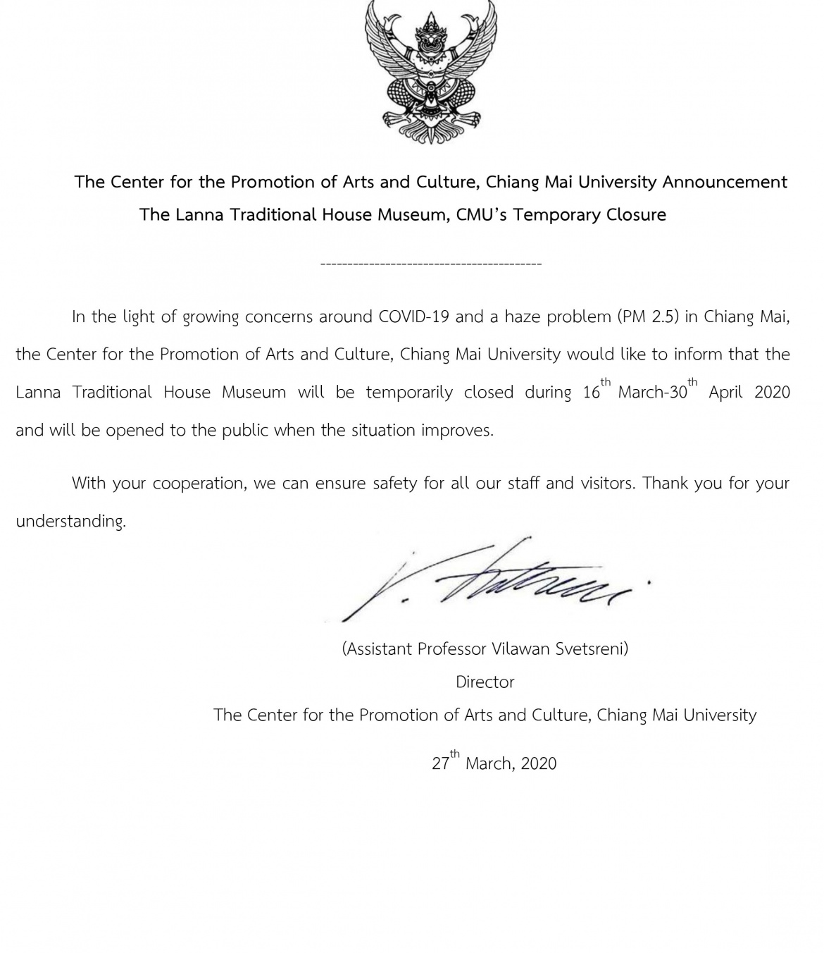 The Center for the Promotion of Arts and Culture, Chiang Mai University Announcement :The Lanna Traditional House Museum, CMU’s Temporary Closure
