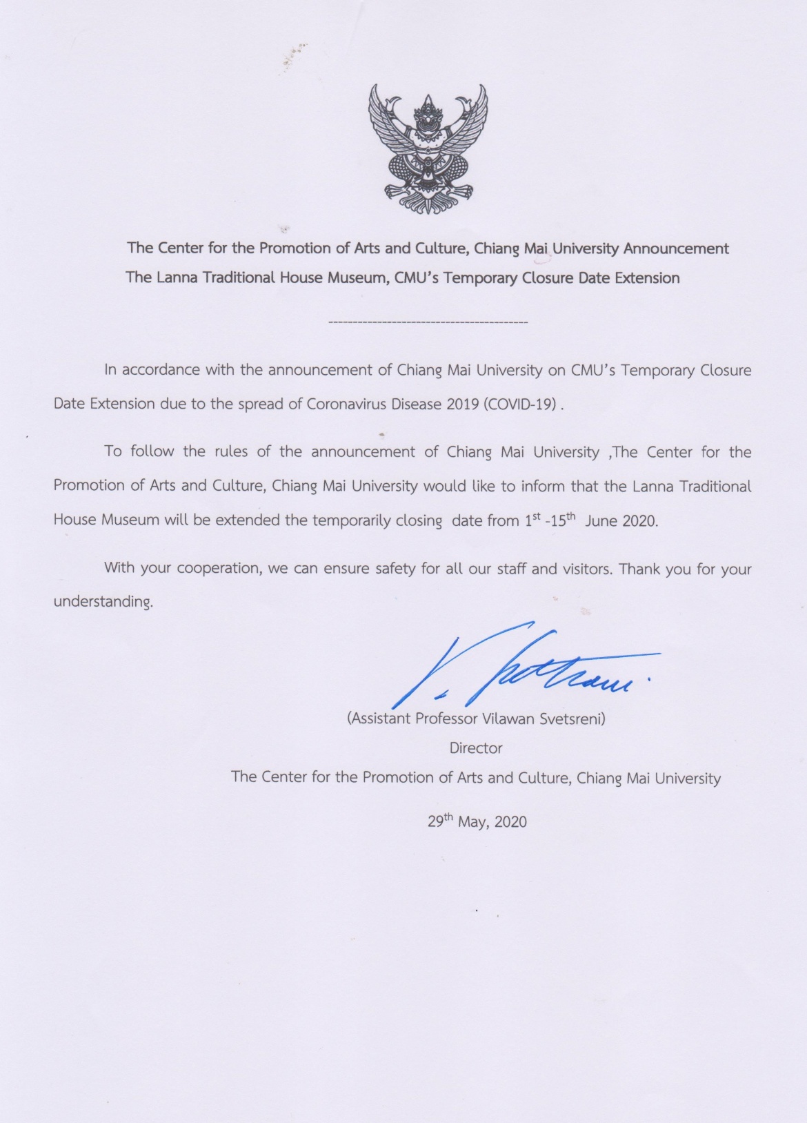 The Center for the Promotion of Arts and Culture, Chiang Mai University Announcement The Lanna Traditional House Museum, CMU’s Temporary Closure Date Extension