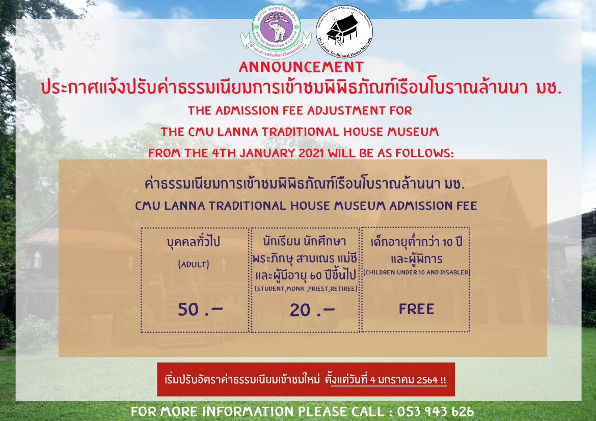 The admission fee adjustment for the CMU Lanna Traditional House Museum from the 4th January 2021 