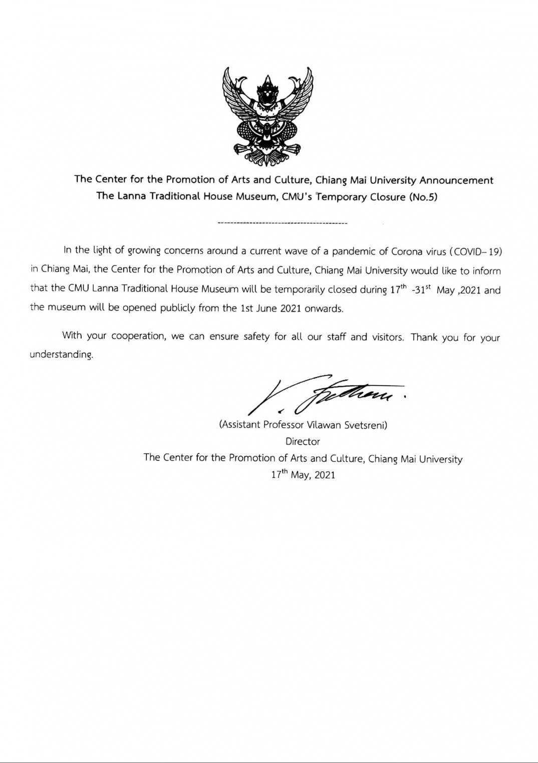  The Center for the Promotion of Arts and Culture, Chiang Mai University Announcement The Lanna Traditional House Museum, CMU’s Temporary Closure (No.5)