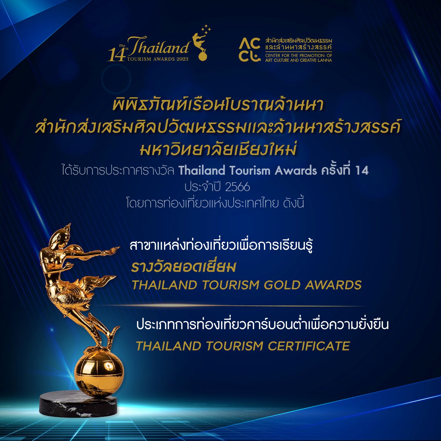 พิพิธภัณฑ์เรือนโบราณล้านนา มช.  ได้รับรางวัล Thailand Tourism Awards ครั้งที่ 14 ประจำปี 2566